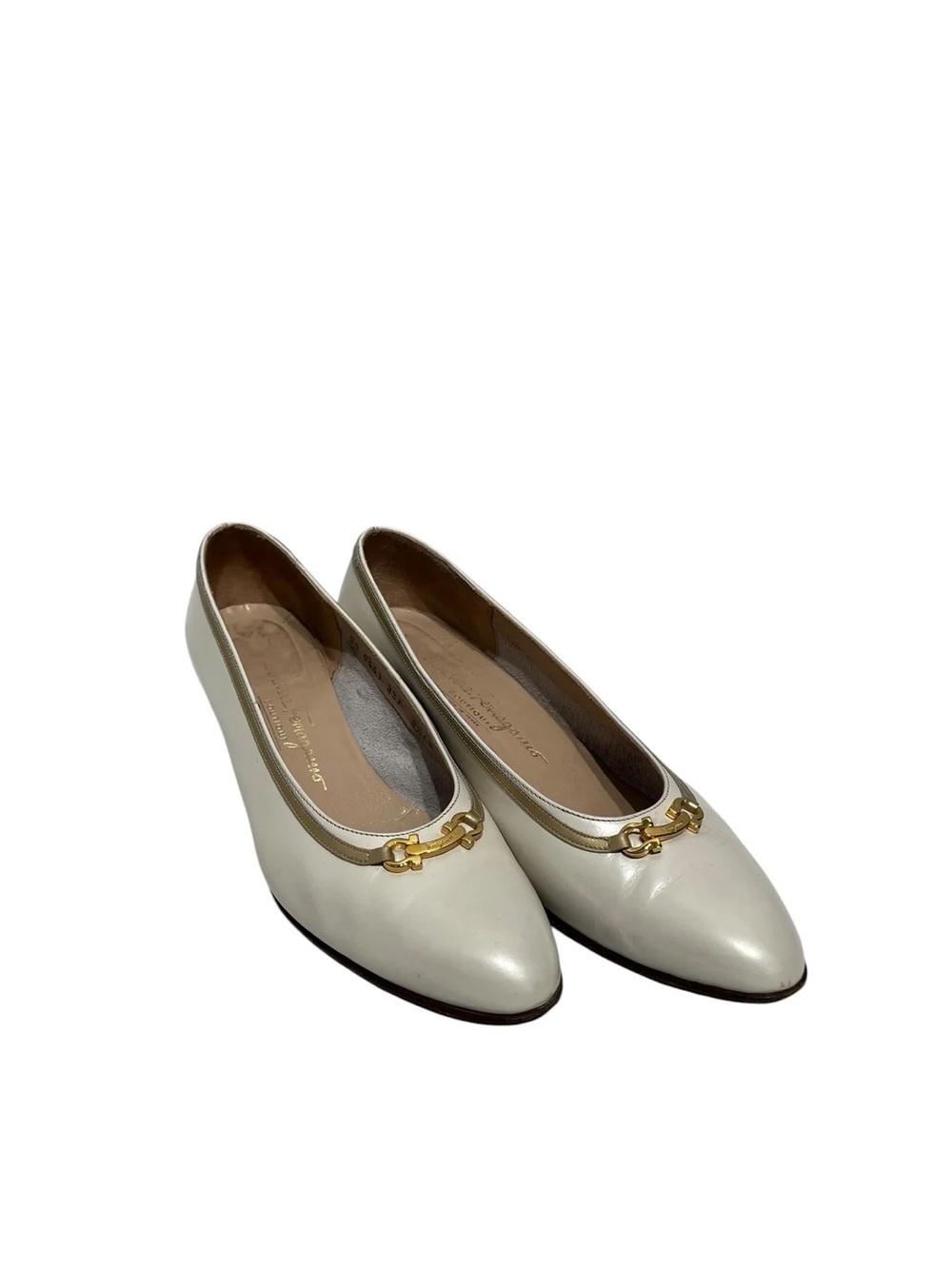 Salvatore Ferragamo Cream Pointed Toe Flats with Gold Bit